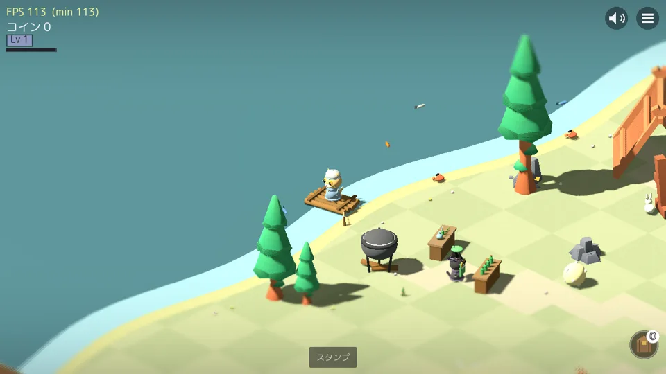 A relaxed lakeside camp with a shop sign, a shelf of potions, a campfire, a ball of yarn, and a rabbit