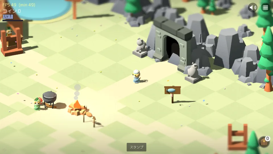 Heading from camp toward the dungeon gate in the rocks, with a campfire and a shopkeeper cat nearby